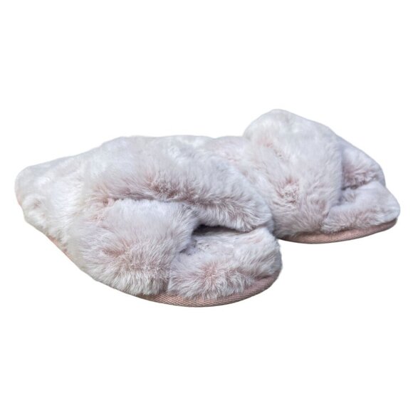 Women's Fuzzy Pink Top Cross Slipper House Faux Fur Size 7 Slip on - Picture 1 of 7
